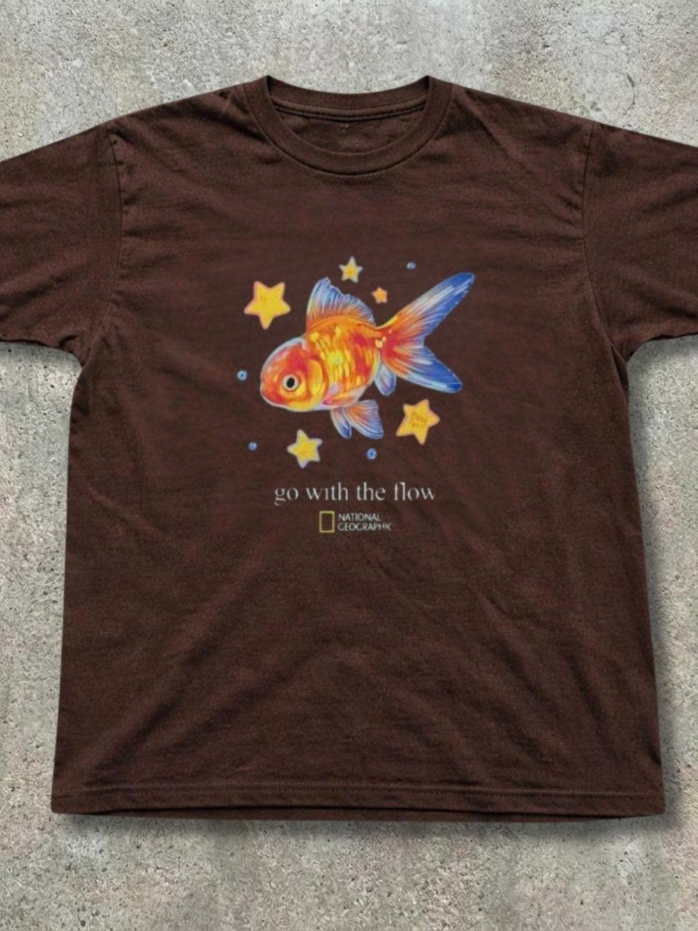 Gildan Brown Tee with Orange and Blue Goldfish Graphic